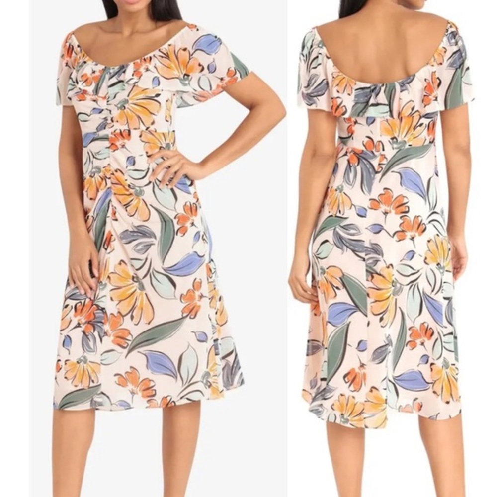 DONNA MORGAN off-the-Shoulder Floral Midi Dress rouged front